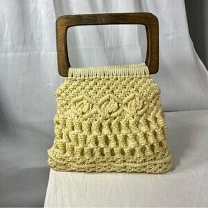 Vintage Womens Crocheted Fully Lined Square Wood Handle Handbag Hippie Boho